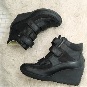 Tsubo Black Leather Wedge Velcro Sneakers